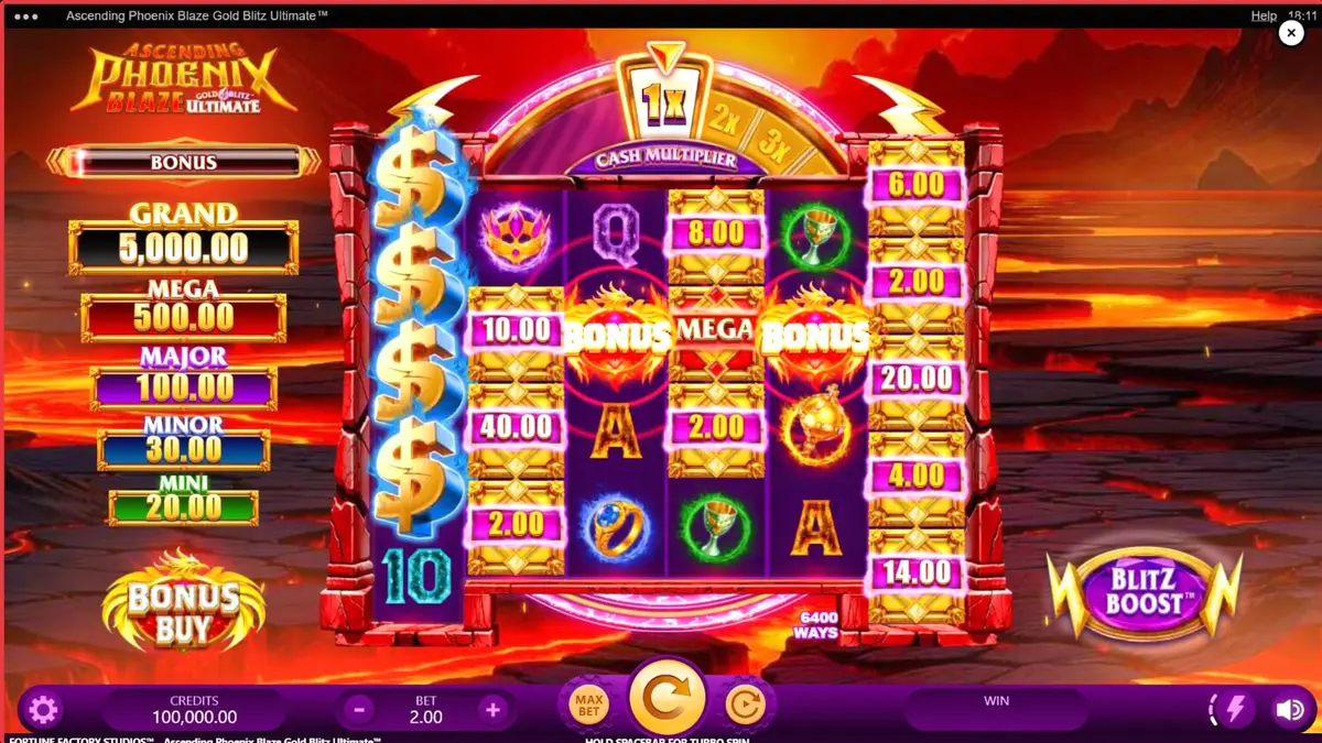 Tampilan visual slot Ascending Phoenix Blaze Gold Blitz Ultimate dengan nuansa api dan emas